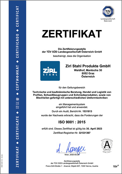 Zirl TUeV Zertifikat 9001 2015 D